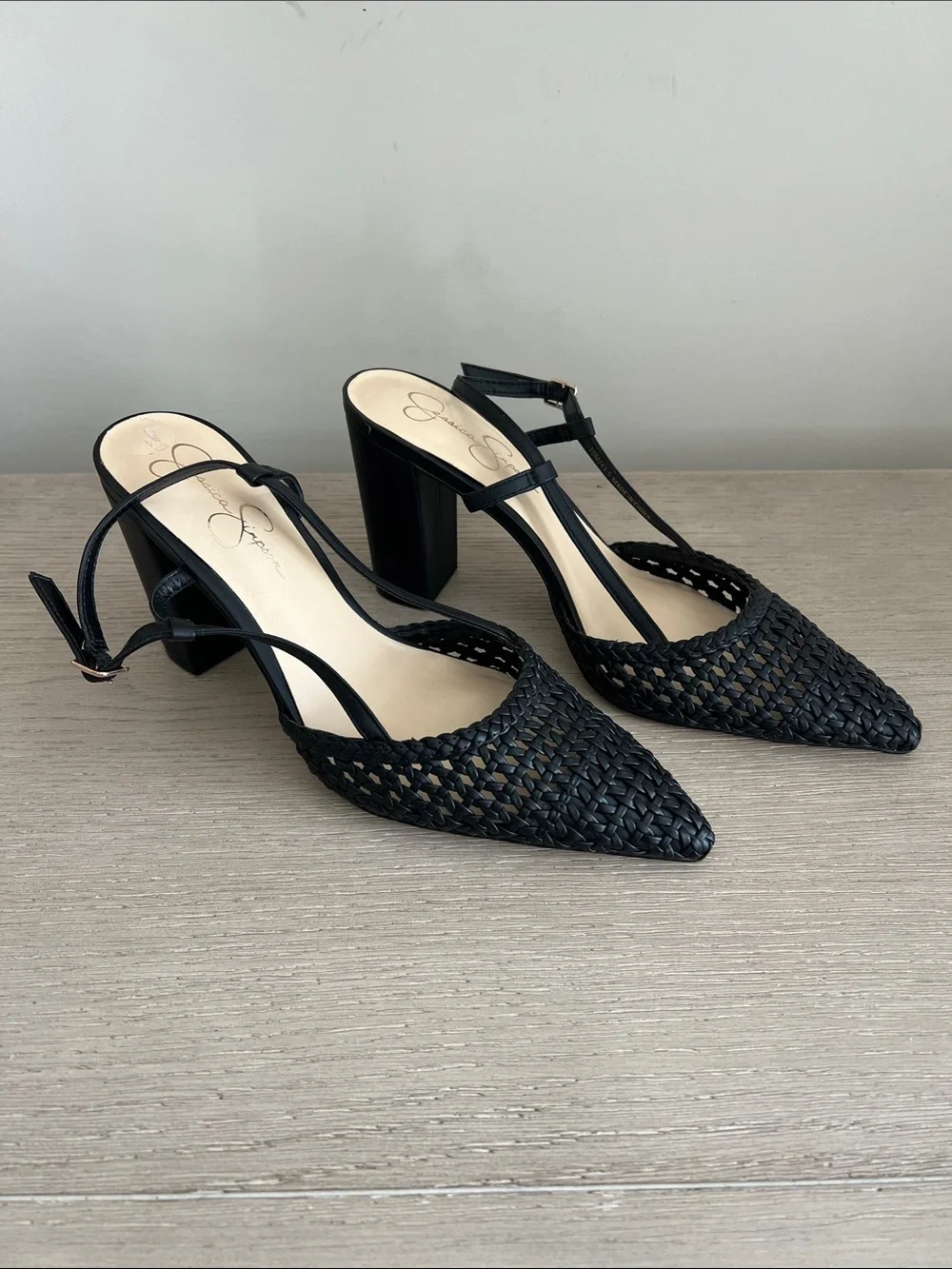 Women’s Jessica Simpson Nyara Black Woven Pointed Slingback Heels size 10